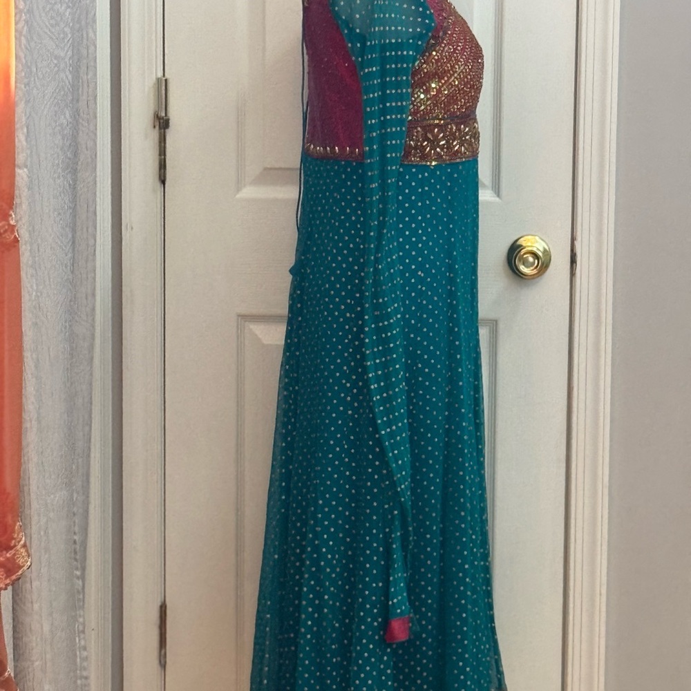 Pakistani Indian Teal and maroon Red Embellished Dress - Picture 4 of 16